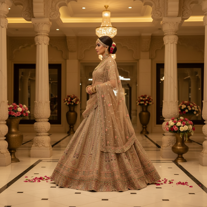 Kuberan Golden Beige Bridal Semi Stitched Lehenga.