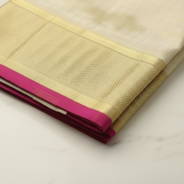 Kuberan Silk Dhoti Cream with Gold Zari Border & Magenta Korvai