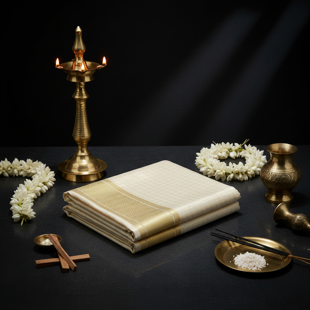 kuberan Pure Silk Dhoti Cream with Gold Zari Border