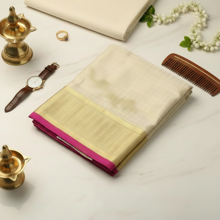 Kuberan Silk Dhoti Cream with Gold Zari Border & Magenta Korvai