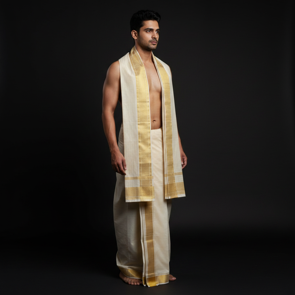 kuberan Pure Silk Dhoti Cream with Gold Zari Border