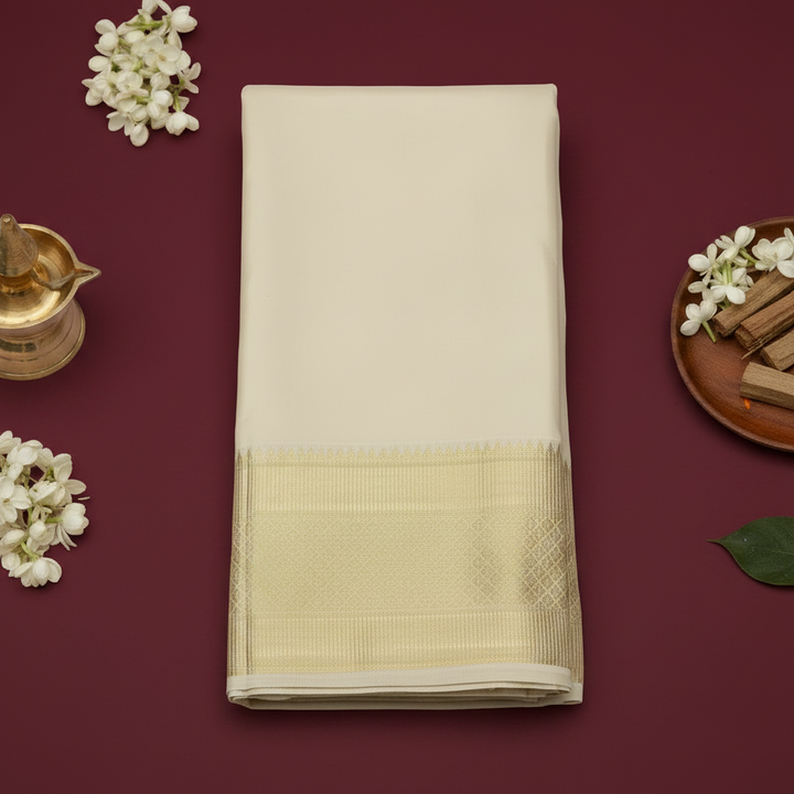 Kuberan Cream Silk Dhoti with Gold Zari Border