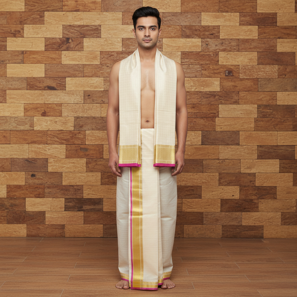 Kuberan Silk Dhoti Cream with Gold Zari Border & Magenta Korvai