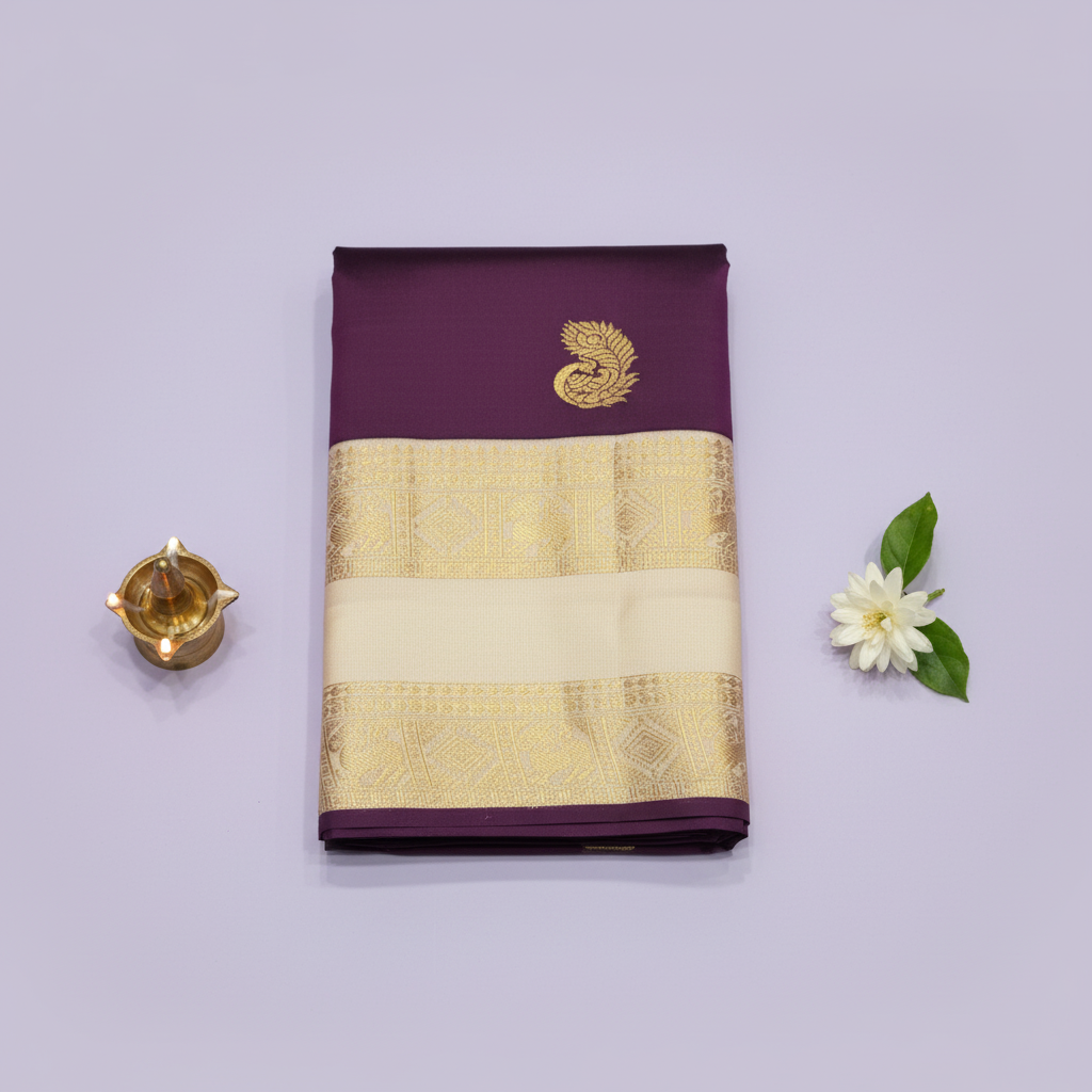 KUBERAN PURPLE CREAM PURE SILK SAREE