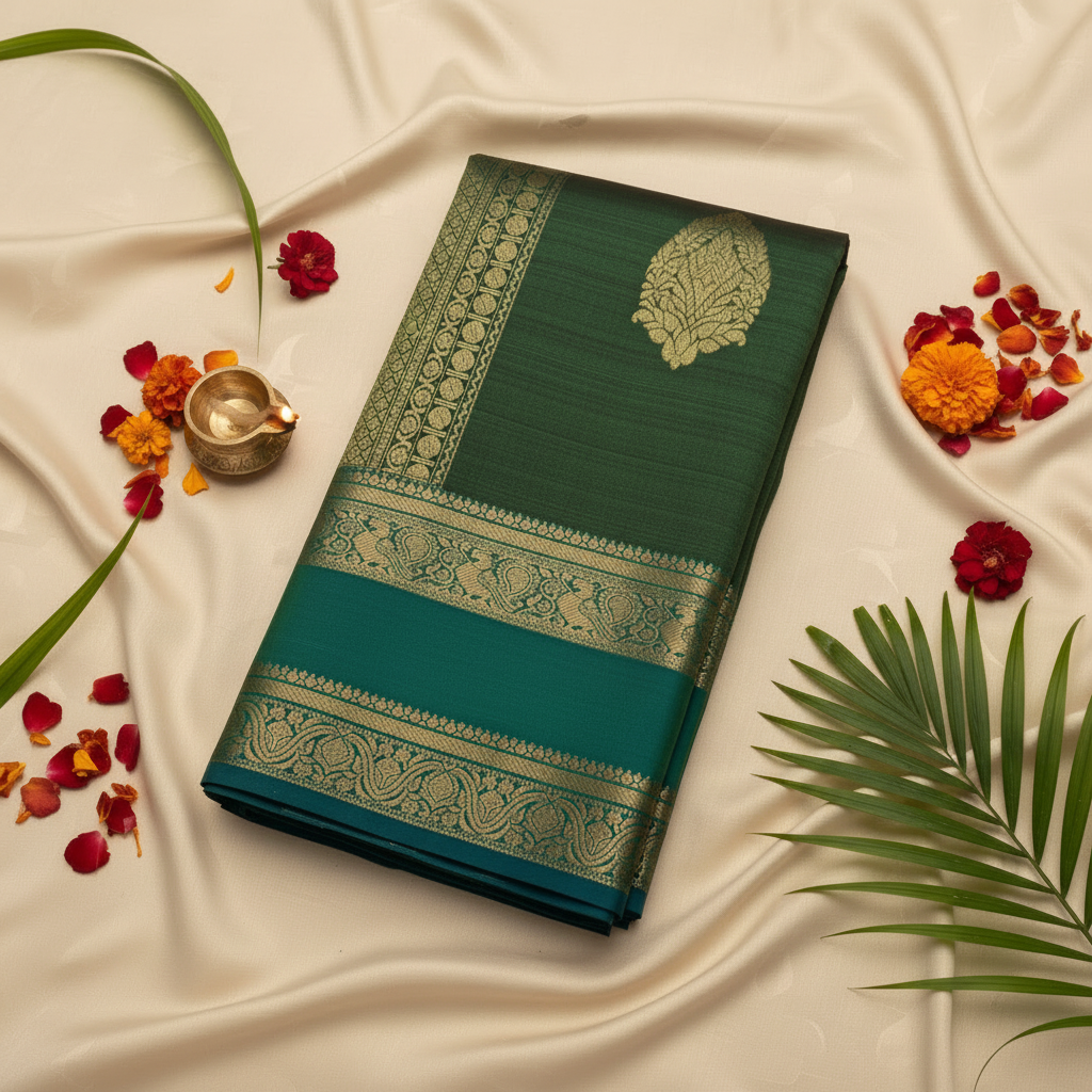 Kuberan Green Kanchipuram Silk Saree with Golden Peacock Motif