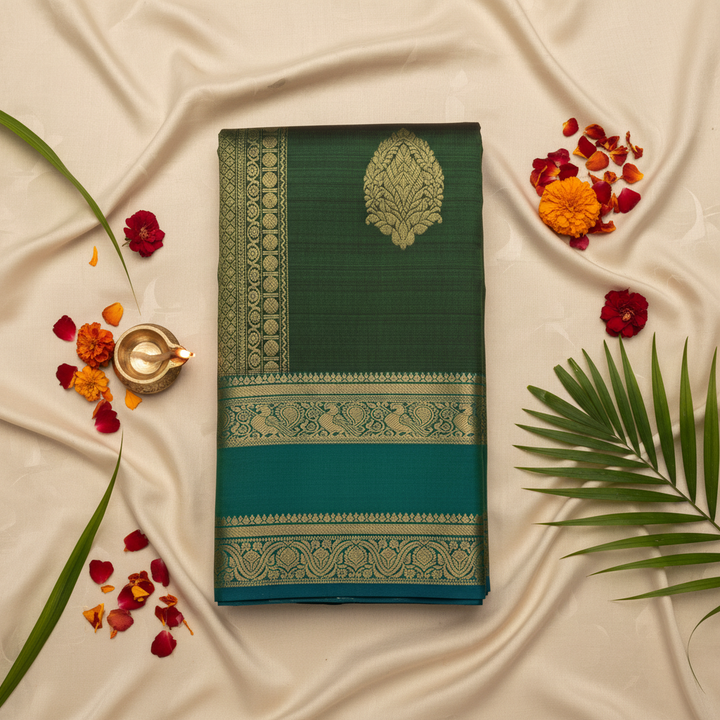 Kuberan Green Kanchipuram Silk Saree with Golden Peacock Motif