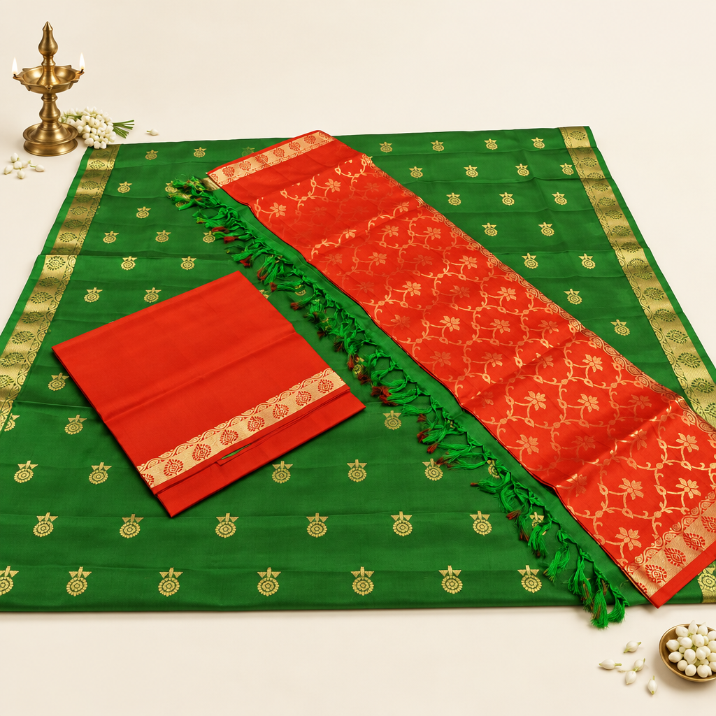 Kuberan Green and Red-Orange Pure Silk Dress Material