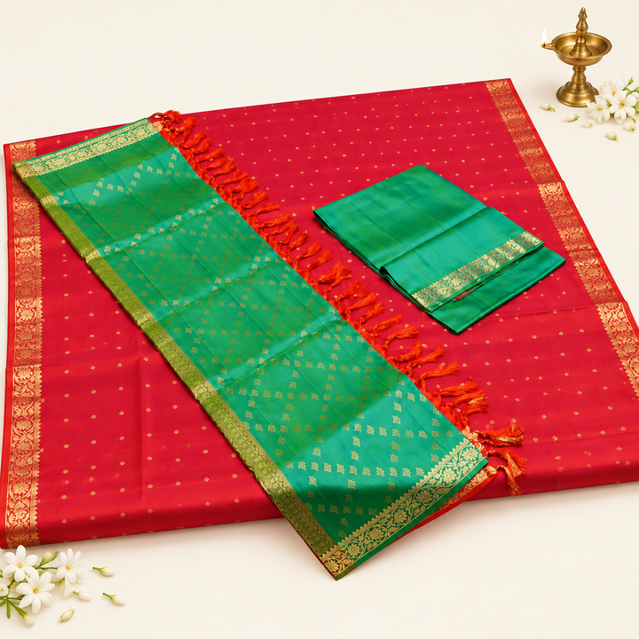 Kuberna  Red Dual Colour Green Pure Silk Dress Material -