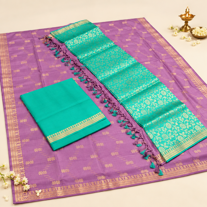 Kuberan Lavender Turquoise Pure Silk Dress Material