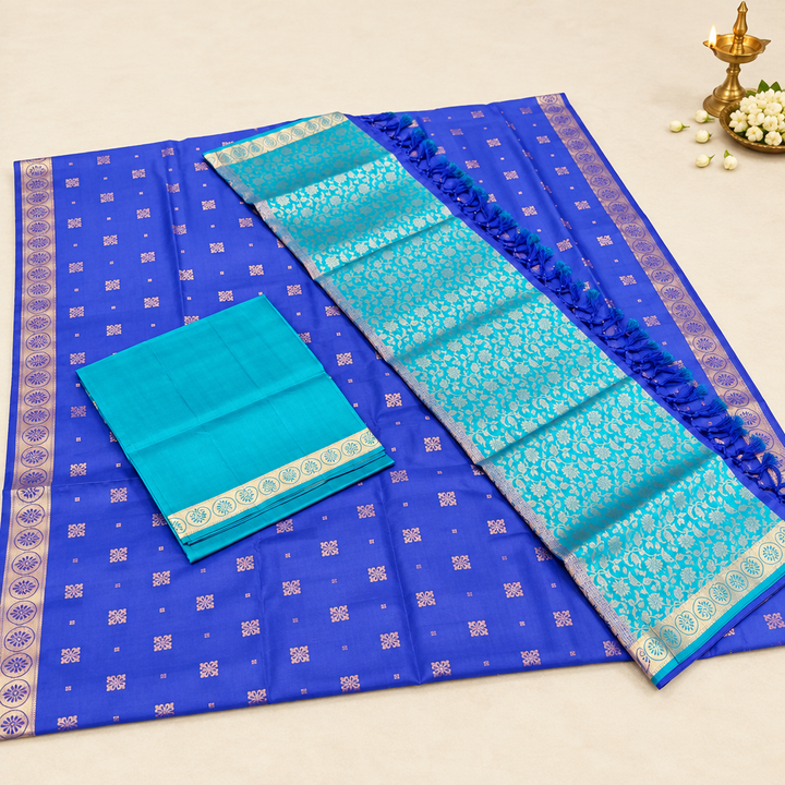 Kuberan Royal Blue and Turquoise Pure Silk Dress Material -
