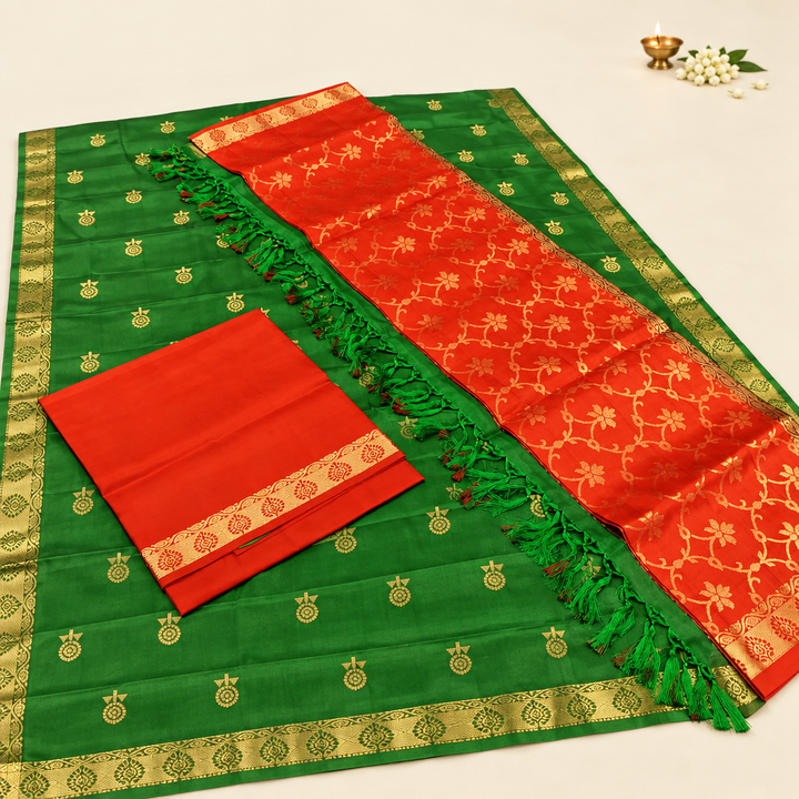 Kuberan Green and Red-Orange Pure Silk Dress Material