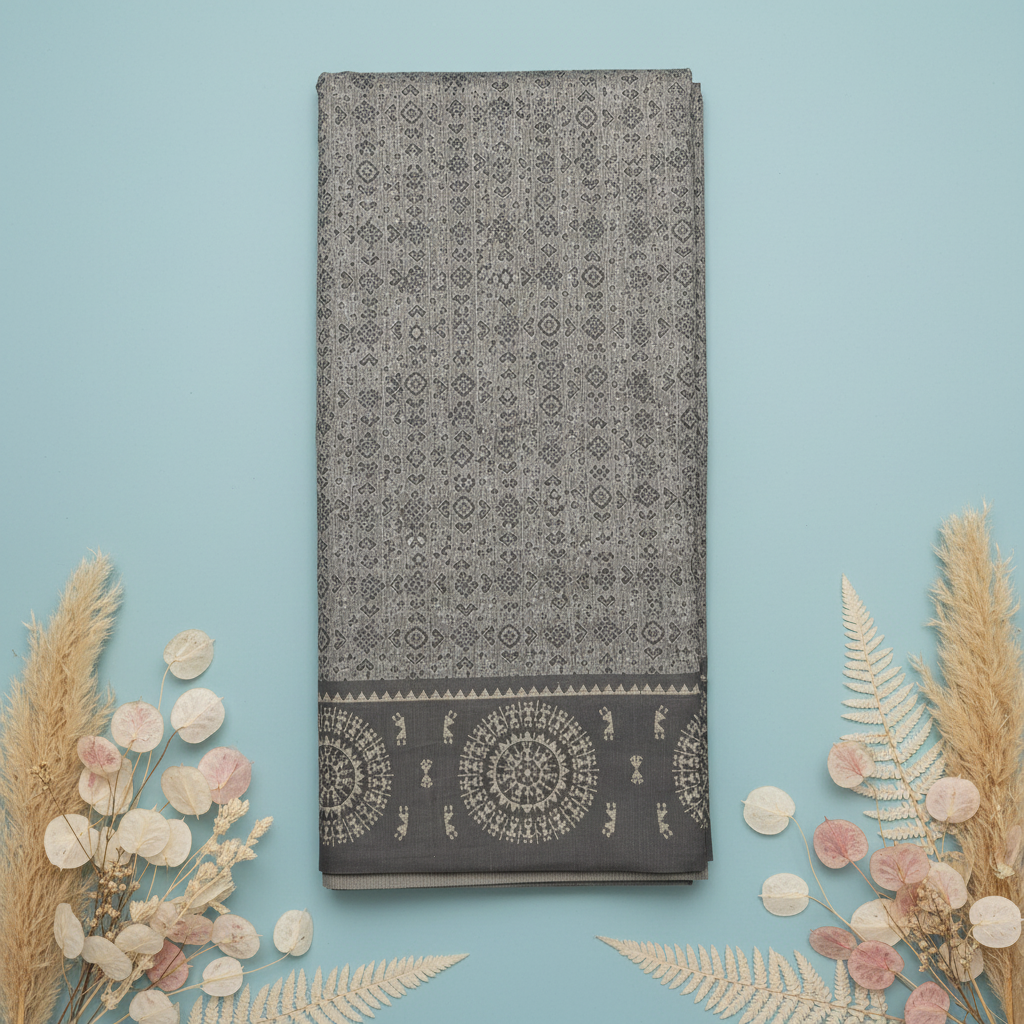 KUBERAN GREY LINEN COTTON SAREE