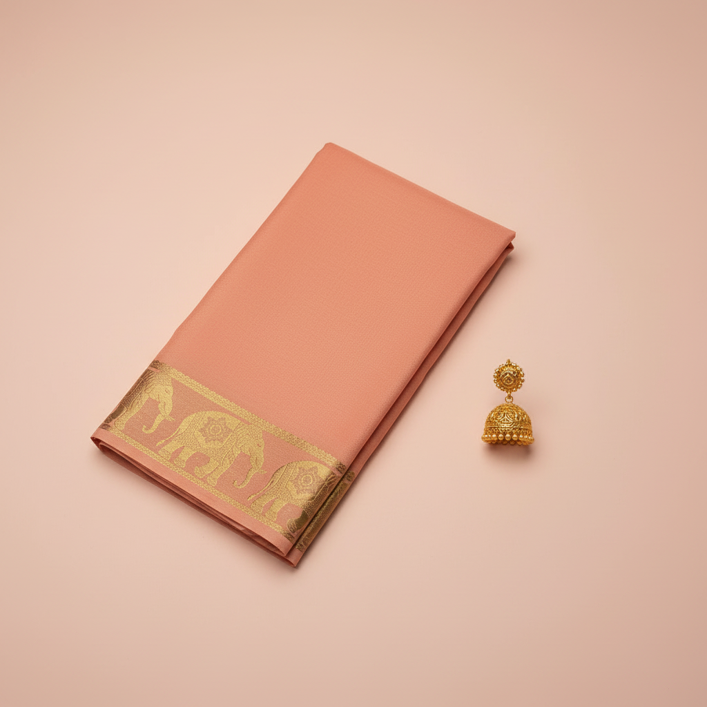 KUBERAN PEACH AIRAVAT BORDER PURE CREPE SAREE