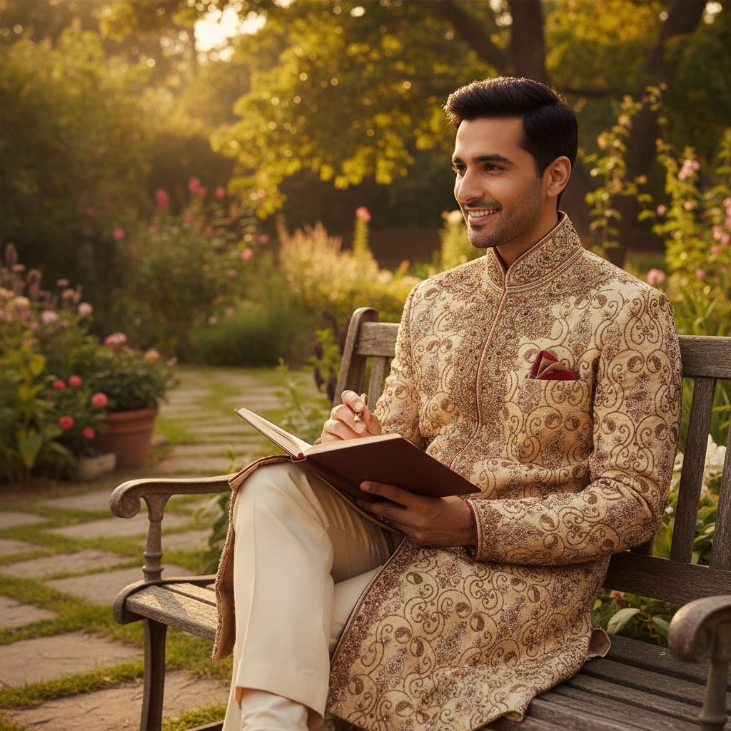 Kuberan Cream & Gold Zardozi Embroidered Indo-Western Sherwani
