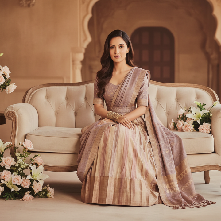 Kuberan Banarasi Silk Half Saree Dusty Rose & Gold Semi Stitched