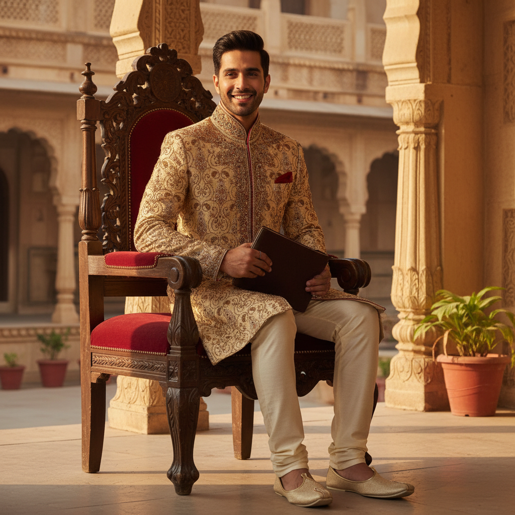Kuberan Cream & Gold Zardozi Embroidered Indo-Western Sherwani