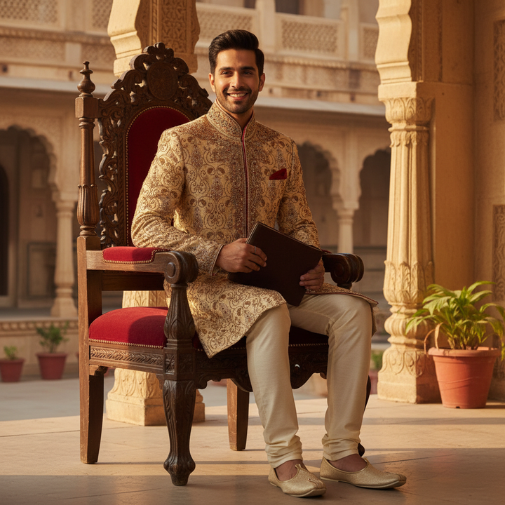 Kuberan Cream & Gold Zardozi Embroidered Indo-Western Sherwani
