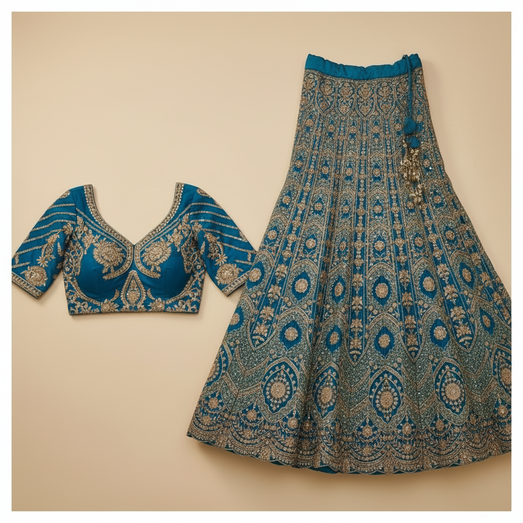 Kuberan Teal Blue & Pink Lehenga Semi stitched
