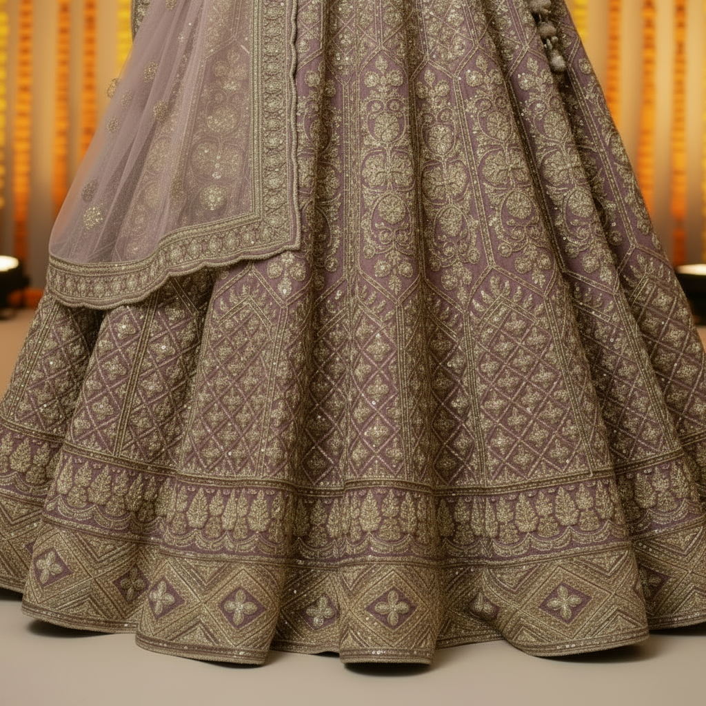 Kuberan Dusty Rose Bridal Lehenga with Gold Zari Embroidery Semi Stitched
