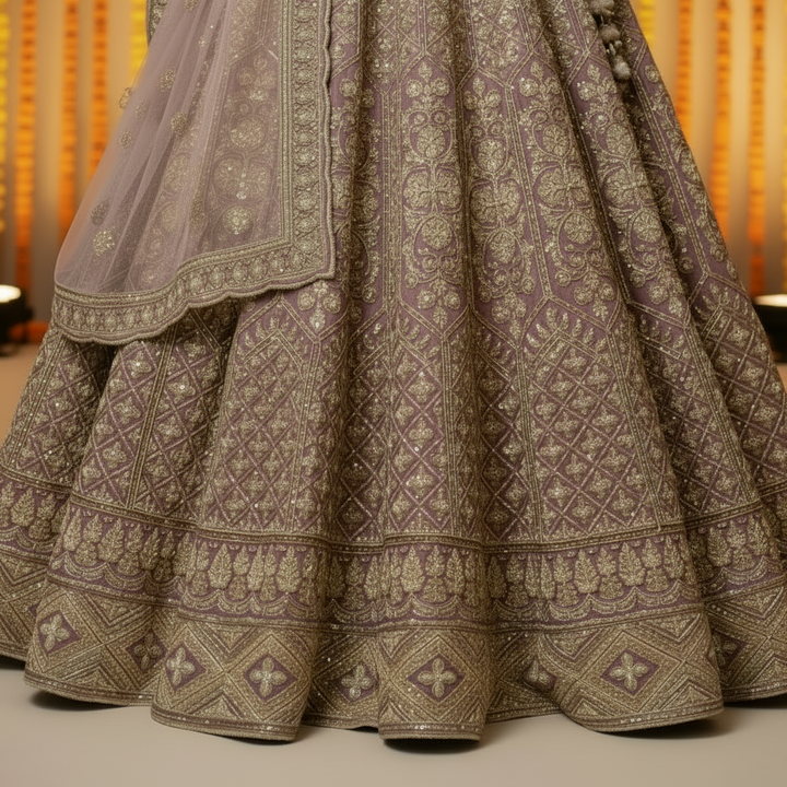 Kuberan Dusty Rose Bridal Lehenga with Gold Zari Embroidery Semi Stitched