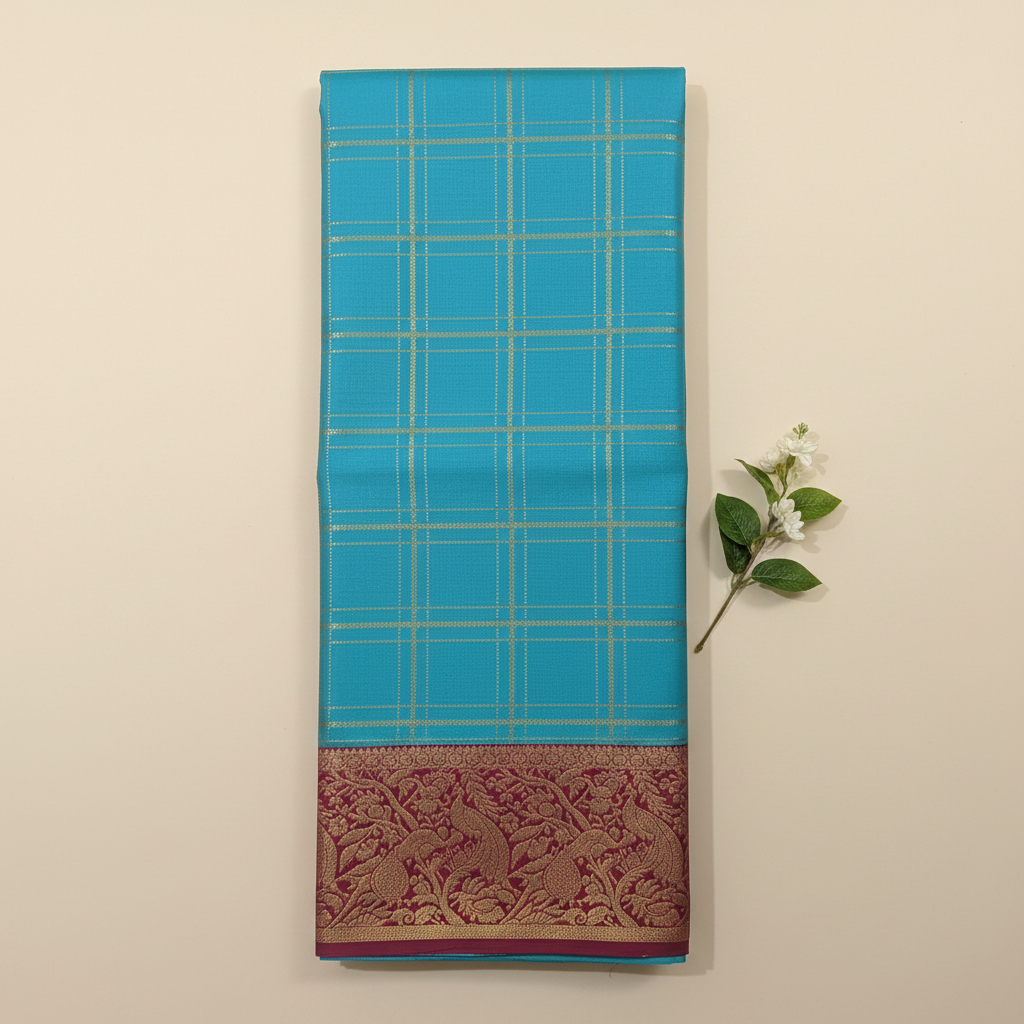 KUBERAN SKY BLUE WITH PINK PURE KANCHIPURAM SILK SAREE
