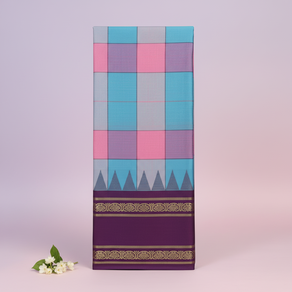 KUBERAN MULTI CHECKS WITH PURPLE BORDER PURE KANCHIPURAM SILK SAREE