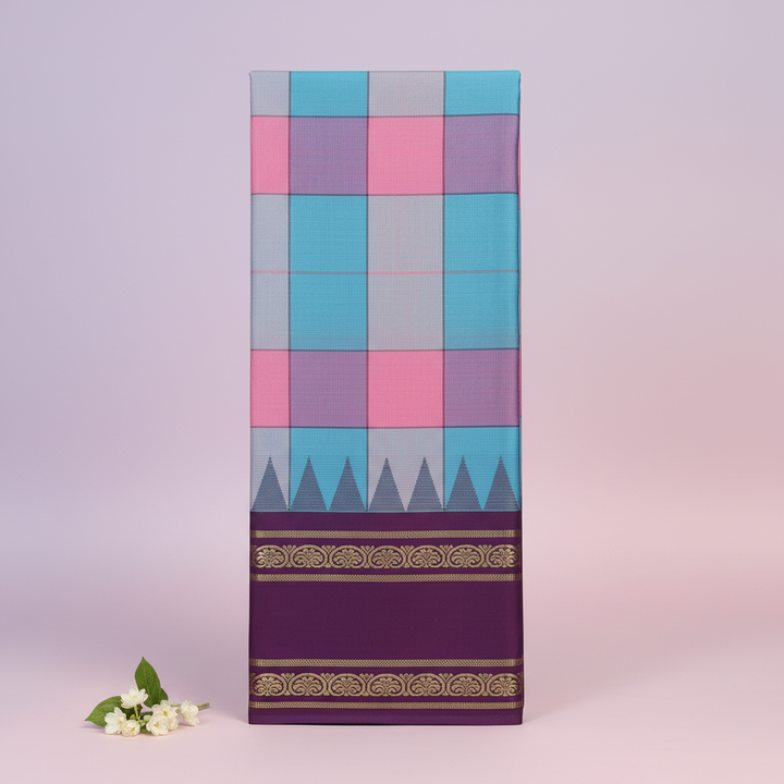 KUBERAN MULTI CHECKS WITH PURPLE BORDER PURE KANCHIPURAM SILK SAREE