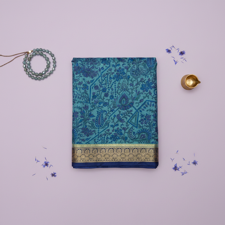 KUBERAN BLUE PURE SILK PRINTED SAREE