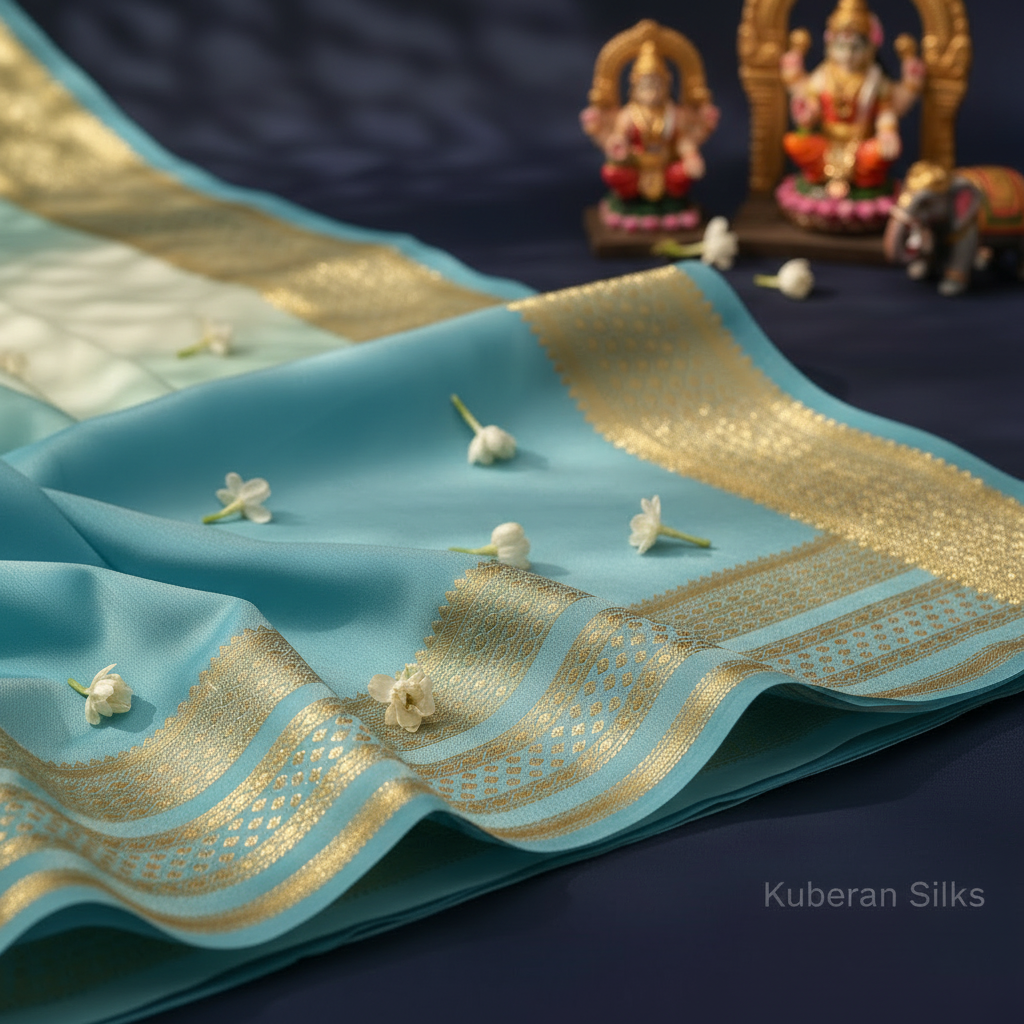 Kuberan Sky Blue & Pista Multi color Mysore Silk Saree
