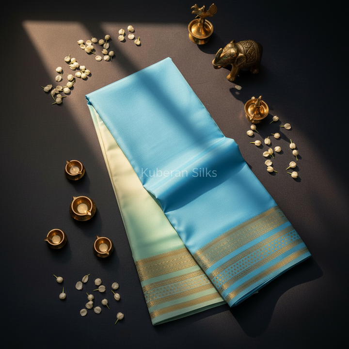 Kuberan Sky Blue & Pista Multi color Mysore Silk Saree