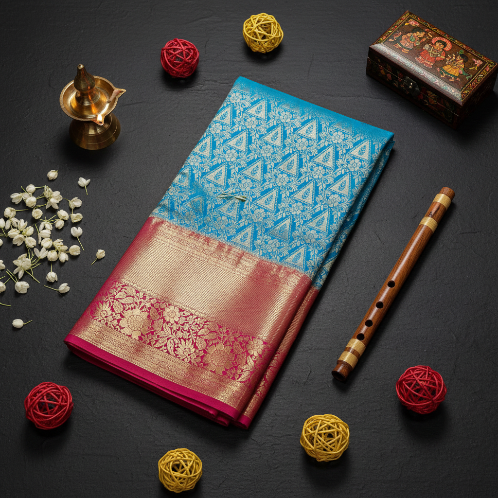 Kuberan Blue Pink Border Pavada