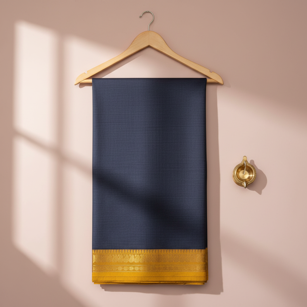 KUBERAN NAVY BLUE WITH YELLOW COTTON SAREE
