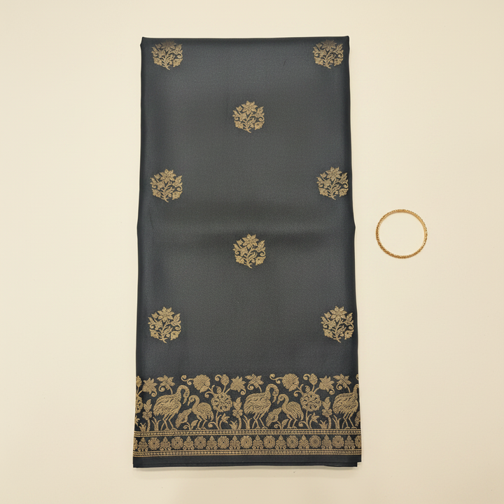 KUBERAN SLATE GREY WITH GOLDEN ZARI BIRD SEMI BANARASI SILK SAREE
