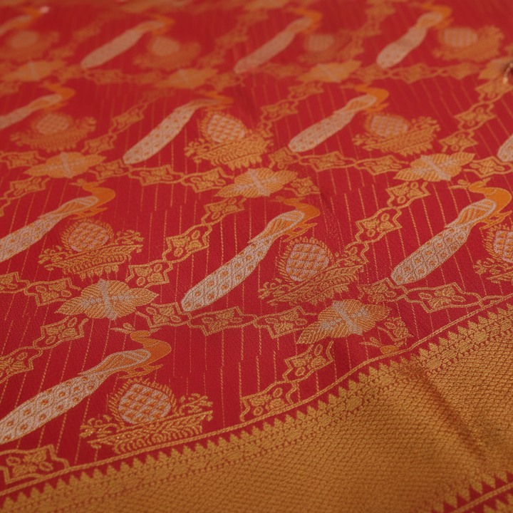 kuberan Red Kanchipuram Silk Saree with Golden Peacock Motifs