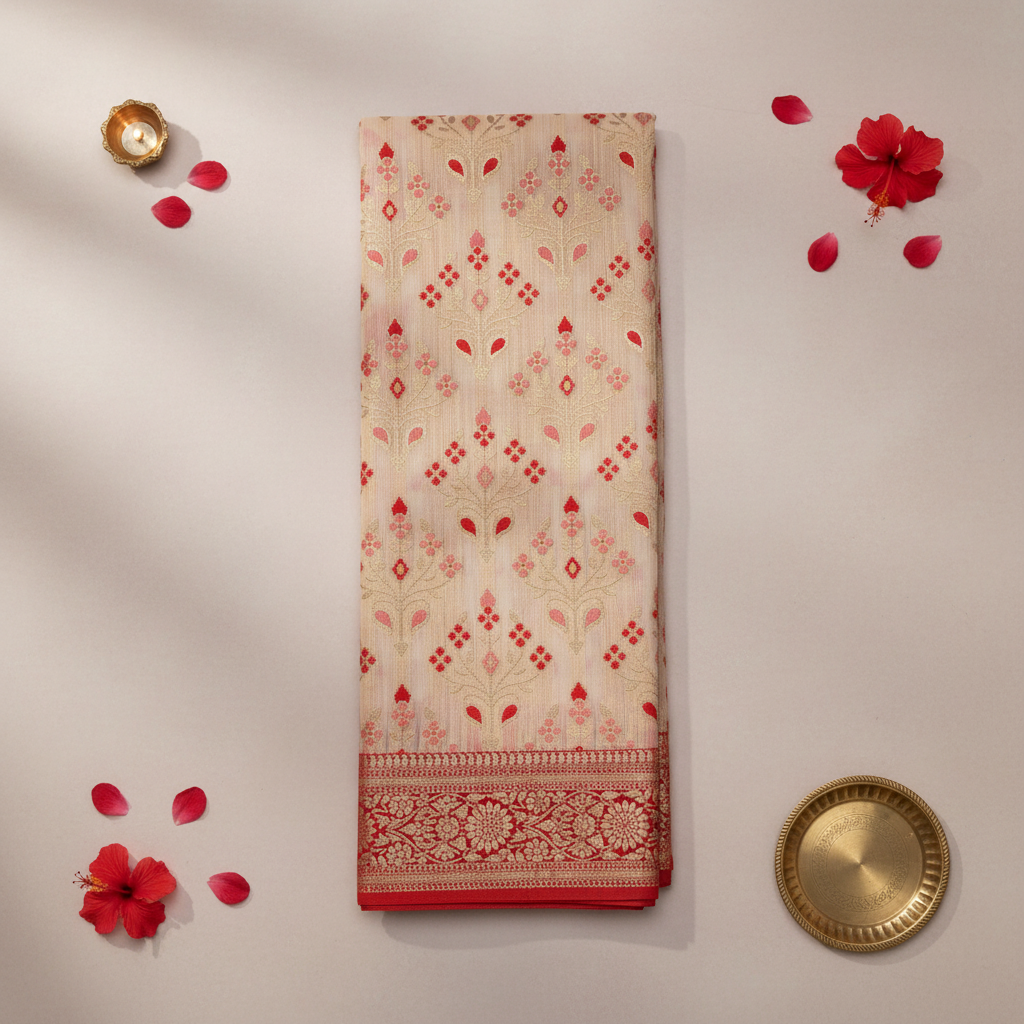 KUBERAN WHITE WITH RED SEMI TUSSAR SILK SAREE