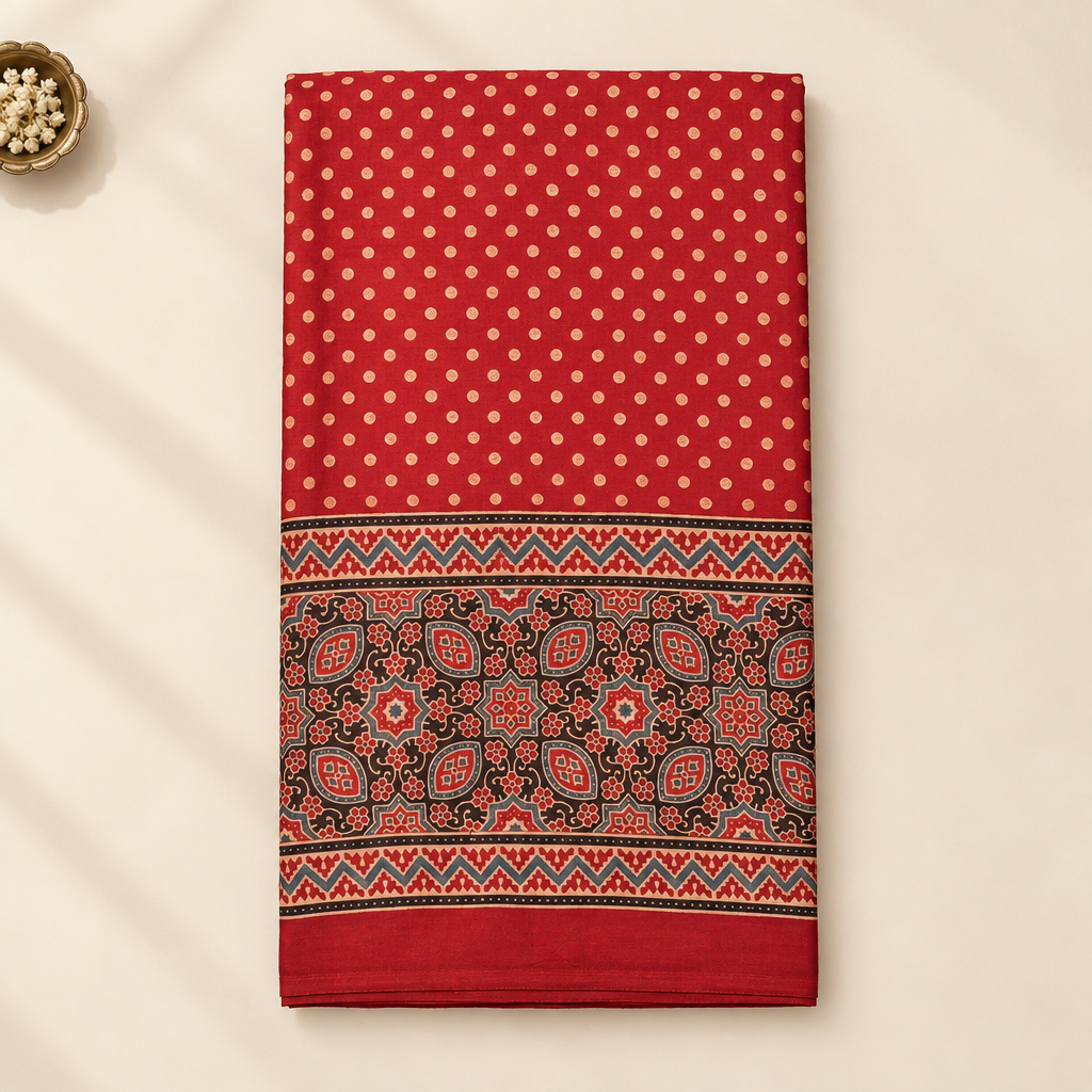 KUBERAN RED AJRAKH PRINT SAREE