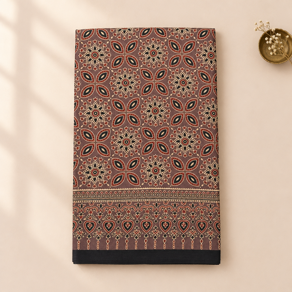 KUBERAN PALE BROWN AJRAKH PRINT SAREE