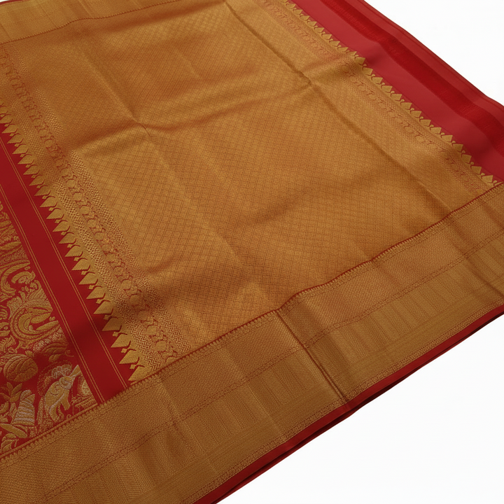 kuberan Red Kanchipuram Silk Saree with Golden Peacock Motifs