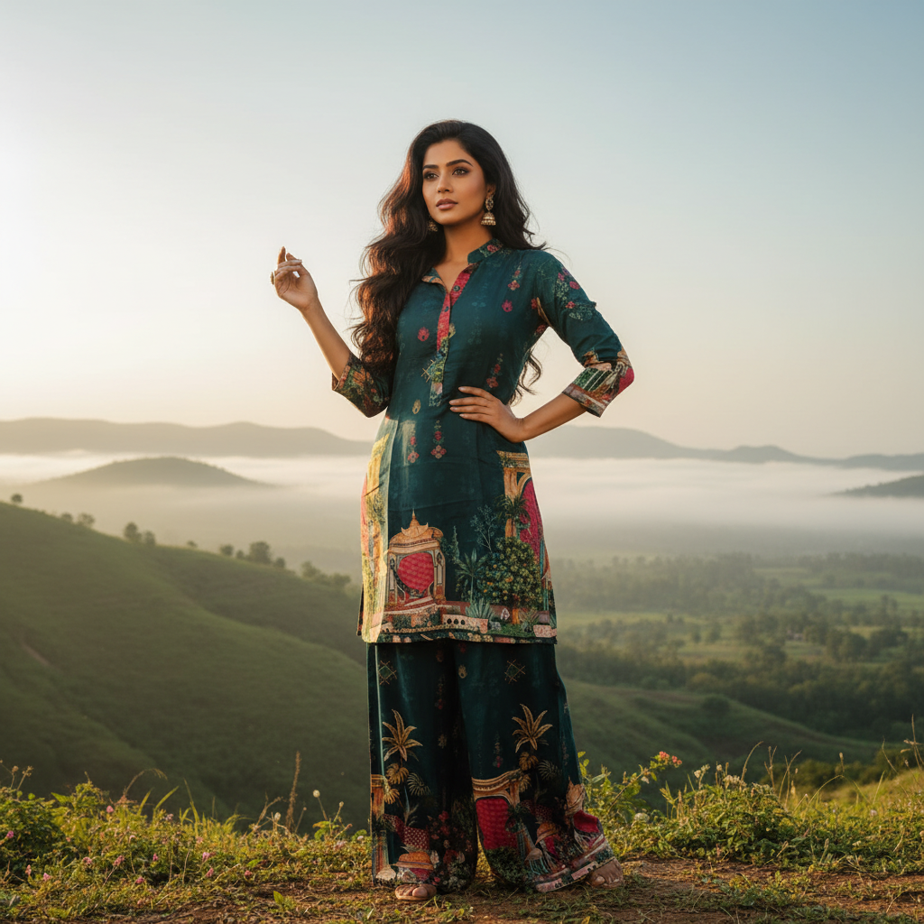 Kuberan Teal Digital Print Kurta & Palazzo Co-ord Set