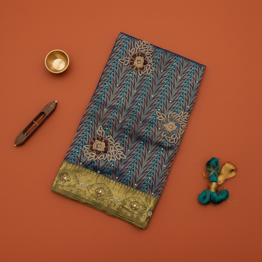 Kuberan Blue Zardosi Embroidered Kanchipuram Silk Saree