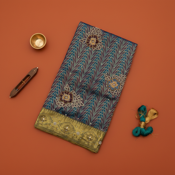 Kuberan Blue Zardosi Embroidered Kanchipuram Silk Saree