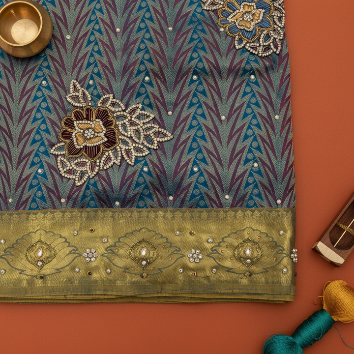 Kuberan Blue Zardosi Embroidered Kanchipuram Silk Saree