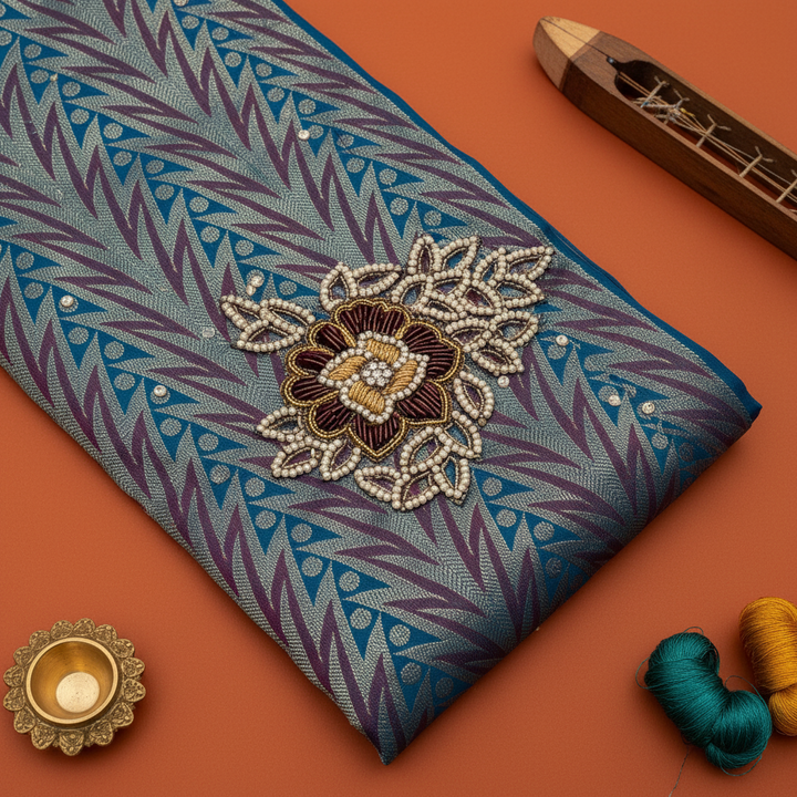 Kuberan Blue Zardosi Embroidered Kanchipuram Silk Saree