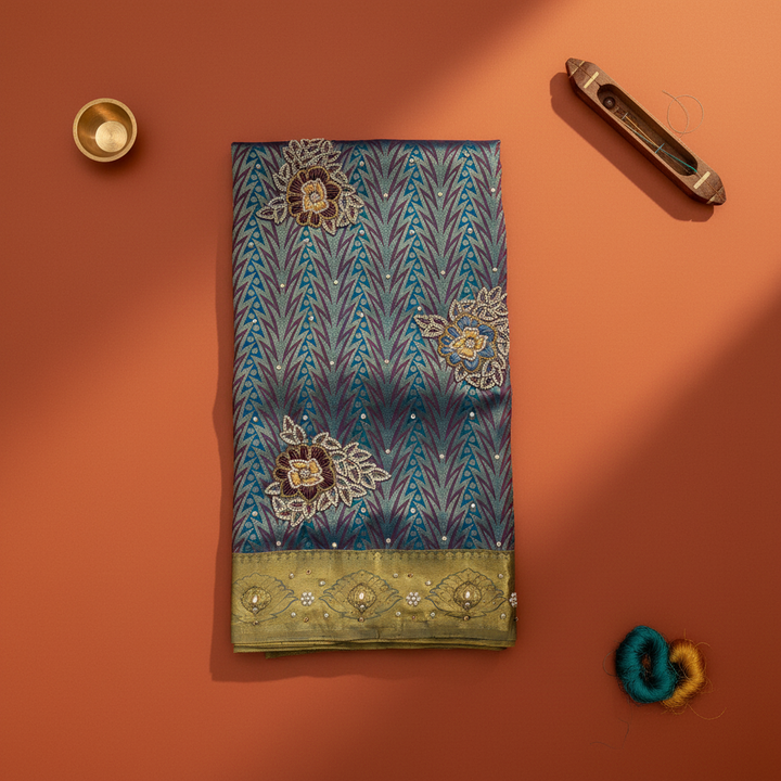 Kuberan Blue Zardosi Embroidered Kanchipuram Silk Saree