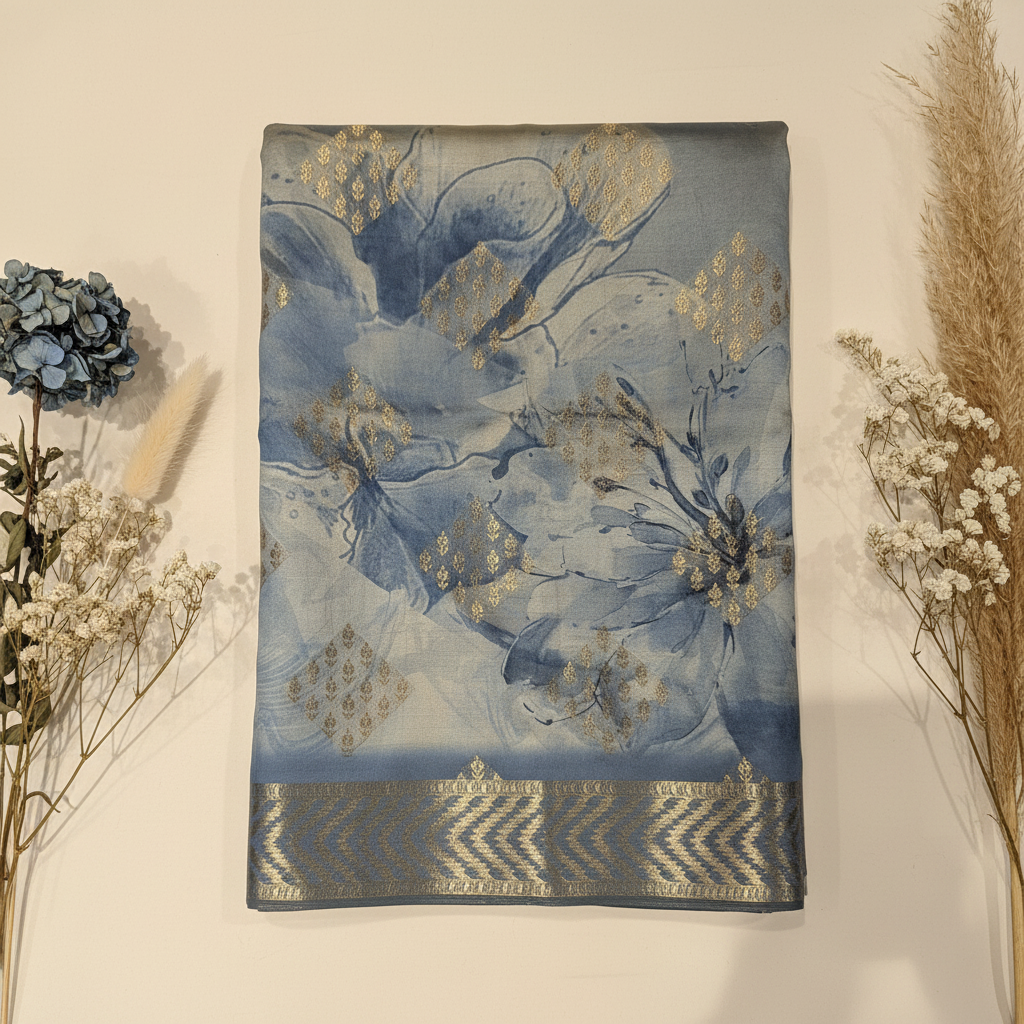 KUBERAN BLUE CHIFFON PRINTED SAREE