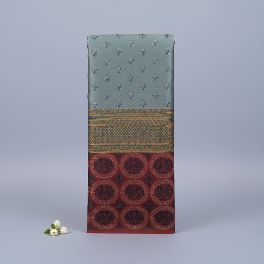 KUBERAN SILVER GREY WITH RED PURE KANCHIPURAM SILK SAREE