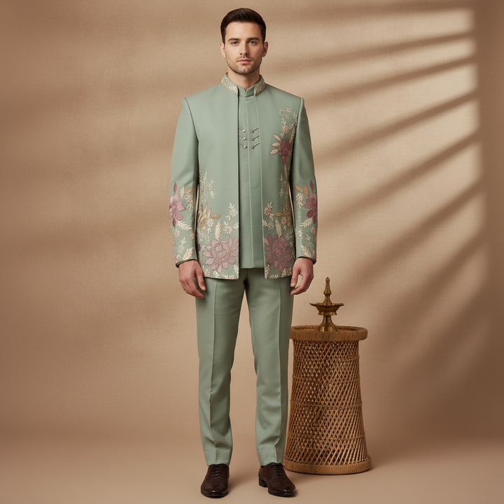 Kuberan Sage Green Embroidered IndoWestern Suit Set