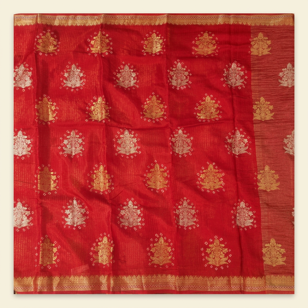 Kuberan Red Chiffon Saree with Metallic Floral Butas