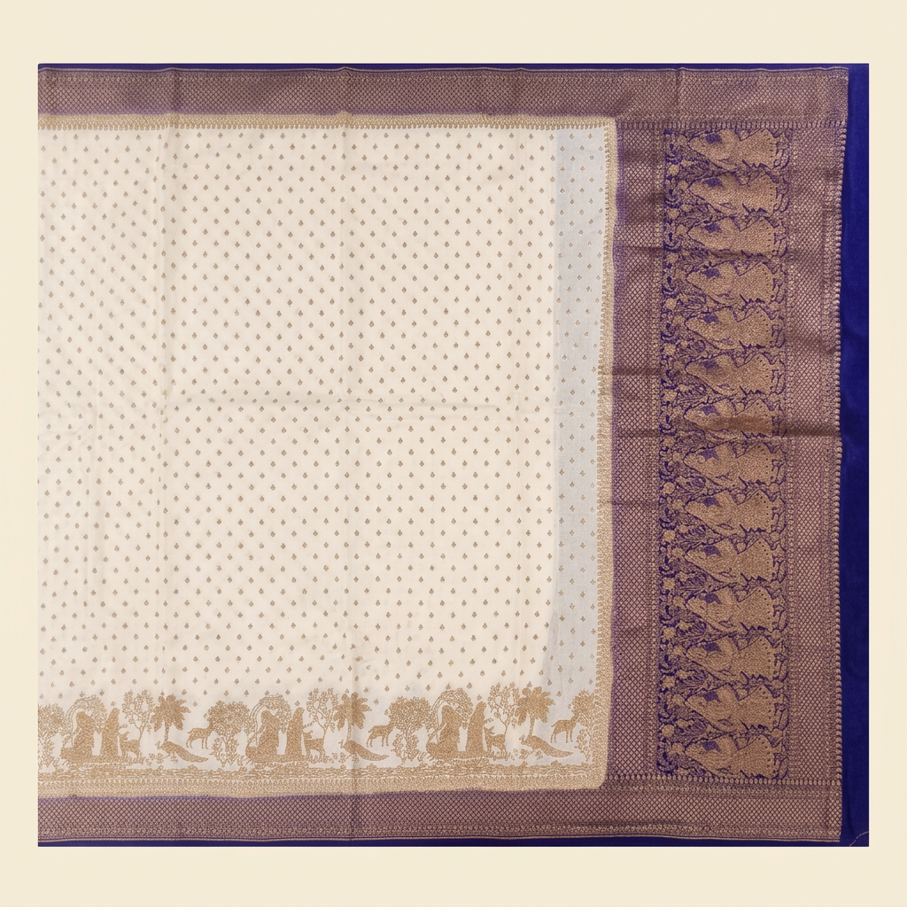 KUBERAN WHITE WITH BLUE KHADDI GEORGETTE SAREE
