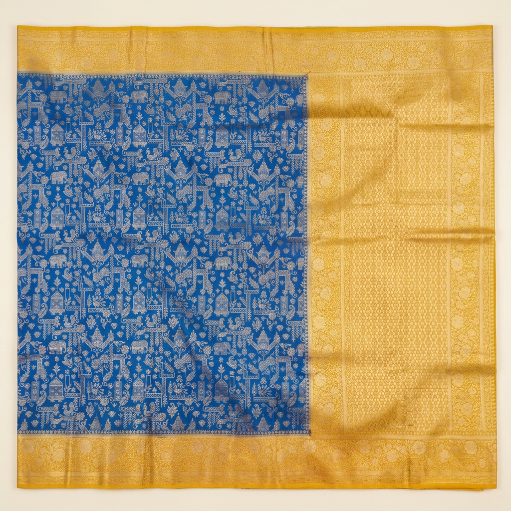 KUBERAN BLUE WITH YELLOW RAW SILK SAREE